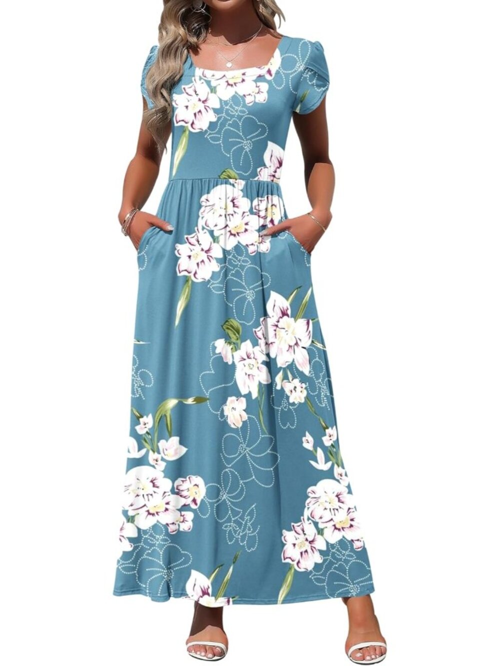 Women's Blue Square Neck Maxi Dresses Petal Short Sleeve Casual Long Dress